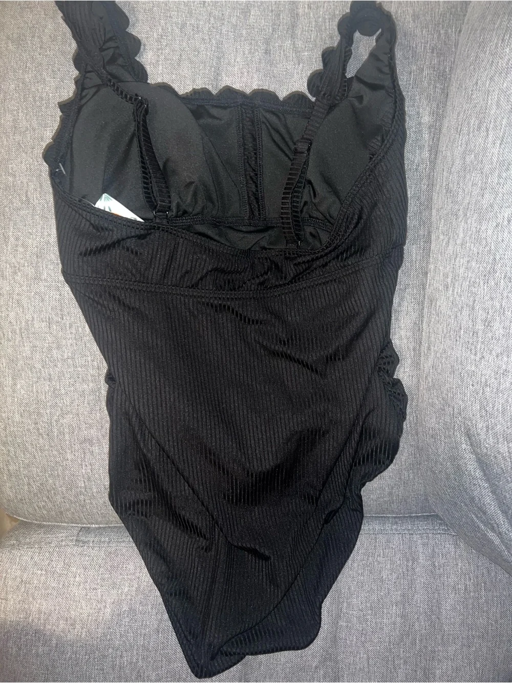 Black Ribbed Scalloped Neck One-Piece Swimsuit
